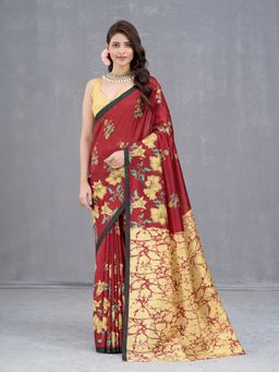 Garden VARELI - Red Floral Printed Art Silk Saree with Unstitched Blouse