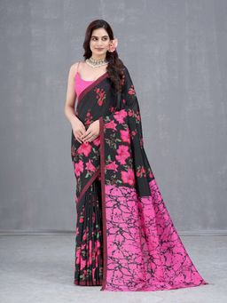 Garden VARELI - Black Floral Printed Art Silk Saree with Unstitched Blouse