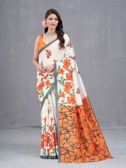 Garden VARELI - Orange Floral Printed Art Silk Saree with Unstitched Blouse