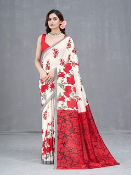 Garden VARELI - Red Floral Printed Art Silk Saree with Unstitched Blouse