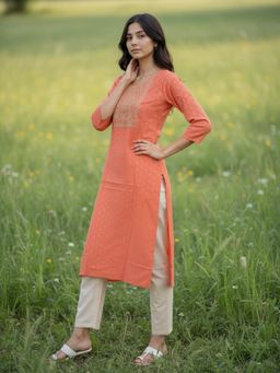 Rangita - Women Peach Embroidered Kurta