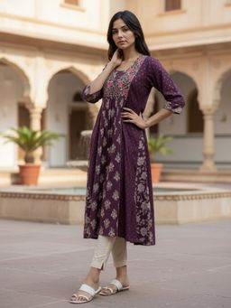 Rangita - Women Wine Anarkali Calf Length Kurta