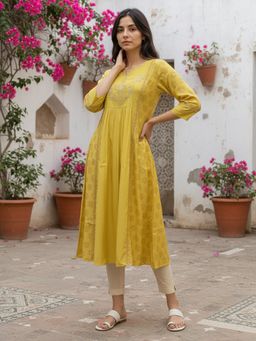 Rangita - Women Mustard Embroidered Anarkali Kurta