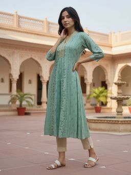 Rangita - Women Green V-Neck Flared Kurta
