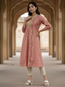 Rangita - Women Peach V-Neck Flared Kurta