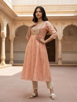 Rangita - Women Peach Chanderi Anarkali Kurta