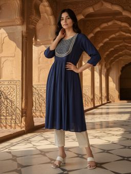 Rangita - Women Blue Flared Calf Length Kurta