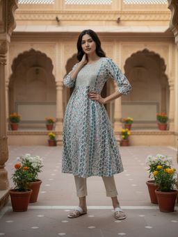 Rangita - Women Grey Flared Thread Work Kurta
