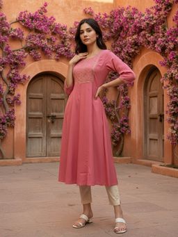 Rangita - Women Pink Embroidered Flared Calf Length Kurta