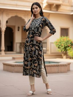 Rangita - Women Black Straight Calf Length Kurta