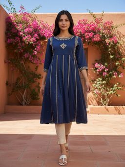 Rangita - Women Navy Blue Anarkali Calf Length Kurta