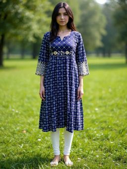 Rangita - Women Blue Rayon Embroidered Kurta