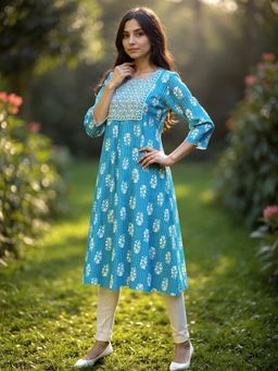 Rangita - Blue Flared Calf Length Kurta