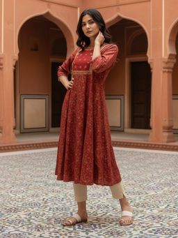 Rangita - Women Red Calf Length Kurta