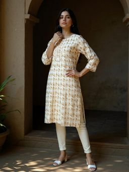 Rangita - Women Beige Straight Calf Length Kurta