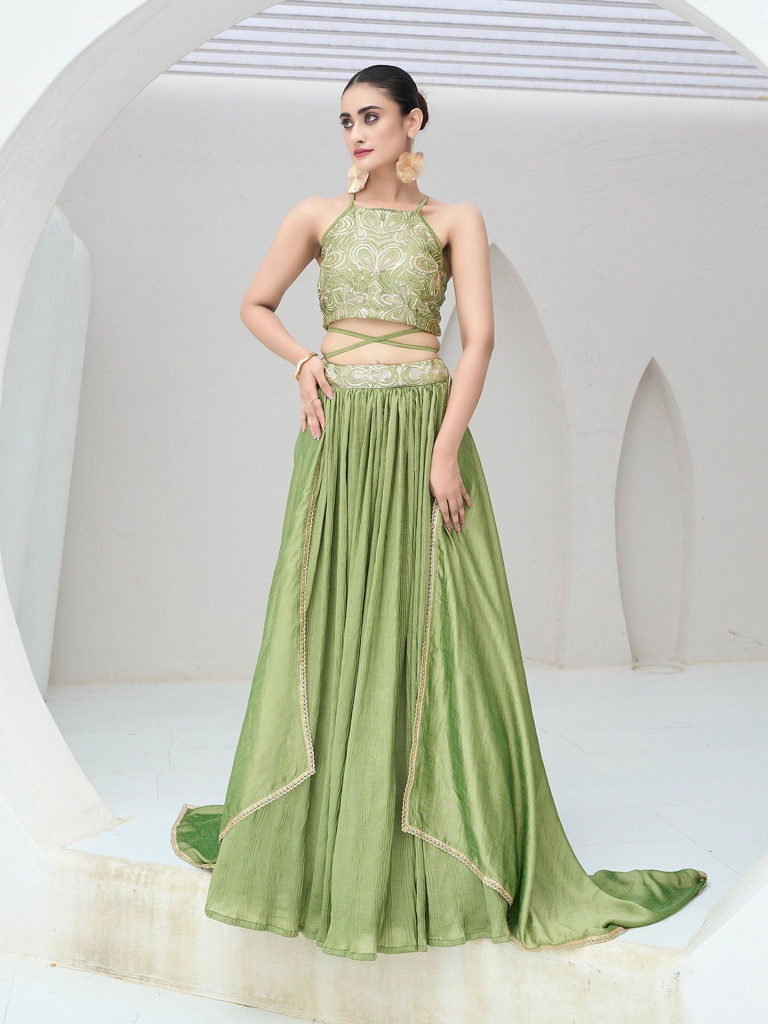 Women Lime Embroidered Silk Stitched Lehenga and Unstitched Blouse with Dupatta-image-11