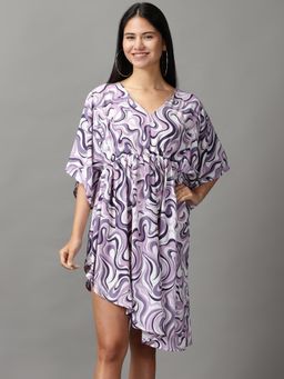 SHOWOFF - Womens V-Neck Knee Length Lavender Abstract Dress
