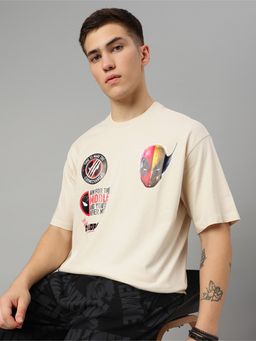Free Authority - Deadpool Printed Loose Fit Beige Cotton Men T-Shirt