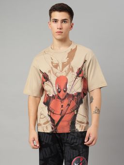 Free Authority - Deadpool Printed Loose Fit Beige Cotton Men T-Shirt