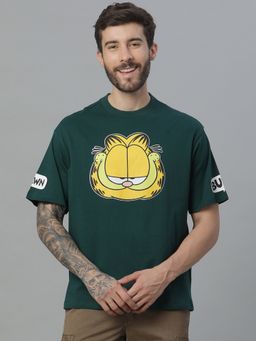 Free Authority - Garfield Printed Loose Fit Green Cotton Men T-Shirt