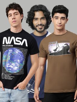 Free Authority - Nasa Printed Regular Fit Multicolor Cotton Men T-Shirt (Pack of 3)