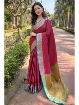Mysilklove - Crown Of Thorns Pink Woven Banarasi Saree with Unstitched Blouse