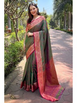 Mysilklove - Hemlock Green Woven Banarasi Saree with Unstitched Blouse