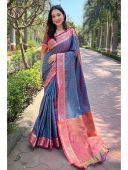Mysilklove - Teal Woven Banarasi Saree with Unstitched Blouse