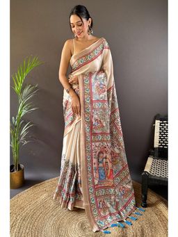 Mysilklove - Anzac Cream Madhu Bani Printed Silk Saree with Unstitched Blouse