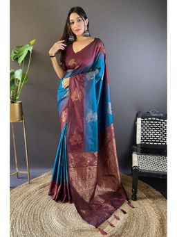 Mysilklove - Cerulean Teal Woven Banarasi Saree with Unstitched Blouse