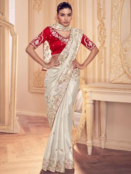 Odette - Off White Georgette Embroidered Saree with Unstitched Blouse
