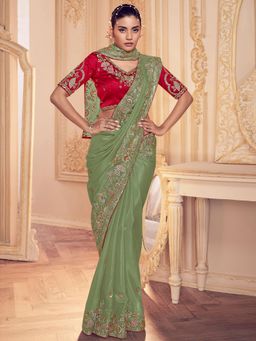 Odette - Green Georgette Embroidered Saree with Unstitched Blouse