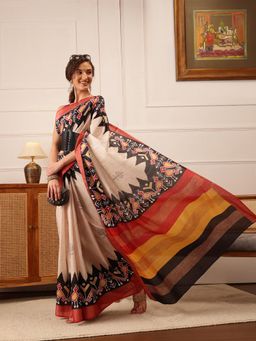 Silk Land - Women's Kotha Silk Printed Saree with Unstitched Blouse