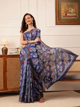 Silk Land - Women's Blue Kotha Silk Printed Saree with Unstitched Blouse