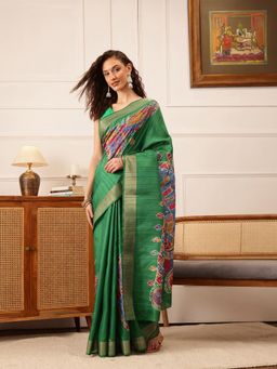 Silk Land - Women's Green Kotha Silk Printed Saree with Unstitched Blouse