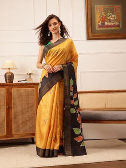Silk Land - Women's Mustard Kotha Silk Printed Saree with Unstitched Blouse