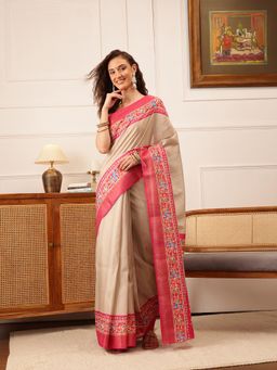 Silk Land - Women's Beige Kotha Silk Printed Saree with Unstitched Blouse