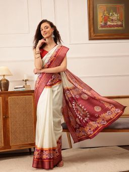 Silk Land - Women's Off White Kotha Silk Printed Saree with Unstitched Blouse