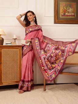Silk Land - Women's Pink Kotha Silk Printed Saree with Unstitched Blouse