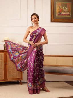 Silk Land - Women's Purple Kotha Silk Printed Saree with Unstitched Blouse