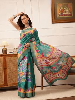 Silk Land - Women's Turquoise Kotha Silk Printed Saree with Unstitched Blouse