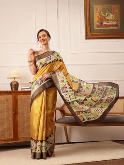 Silk Land - Women's Yellow Kotha Silk Printed Saree with Unstitched Blouse