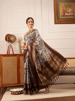 Silk Land - Banarasi Soft Silk Zari Woven Border Saree with Unstitched Blouse