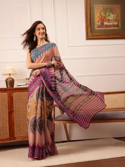 Silk Land - Women's Peach Cotton Silk Floral Printed Saree with Unstitched Blouse