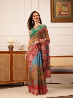 Silk Land - Women's Cotton Silk Floral Printed Saree with Unstitched Blouse