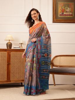 Silk Land - Women's Cotton Silk Floral Printed Saree with Unstitched Blouse