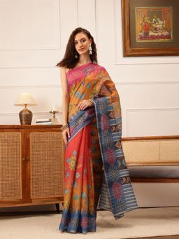 Silk Land - Women's Orange Silk Floral Printed Saree with Unstitched Blouse