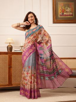 Silk Land - Women's Cotton Silk Floral Printed Saree with Unstitched Blouse