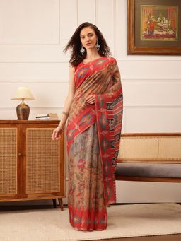 Silk Land - Women's Red Cotton Silk Floral Printed Saree with Unstitched Blouse