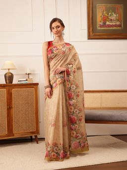 Silk Land - Women's Beige Cotton Silk Floral Printed Saree with Unstitched Blouse